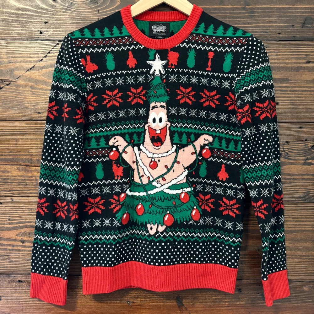 Nickelodeon Patrick Star SpongeBob Ugly Christmas Sweater Mens S Black Red Green